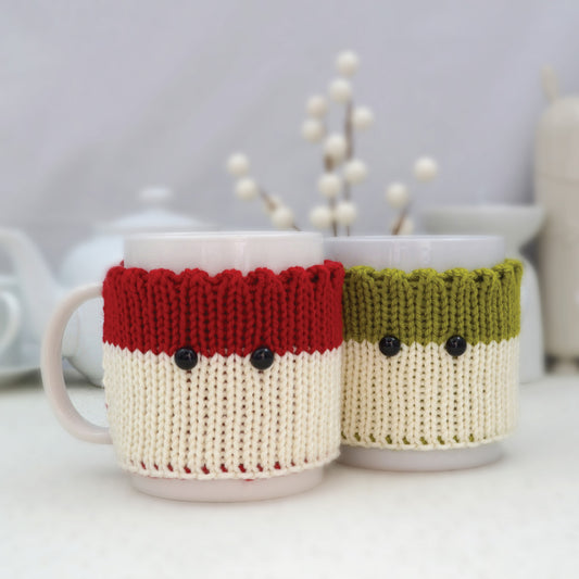 Knitted Mug Cozies with black eyes, Set of 2. Christmas gift.