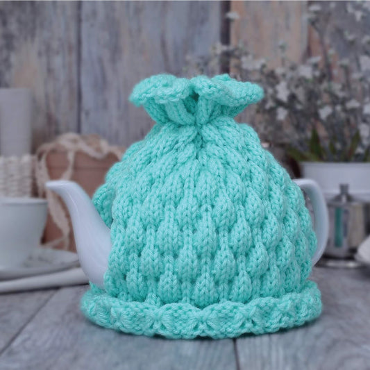 Aqua knitted teapot cozy