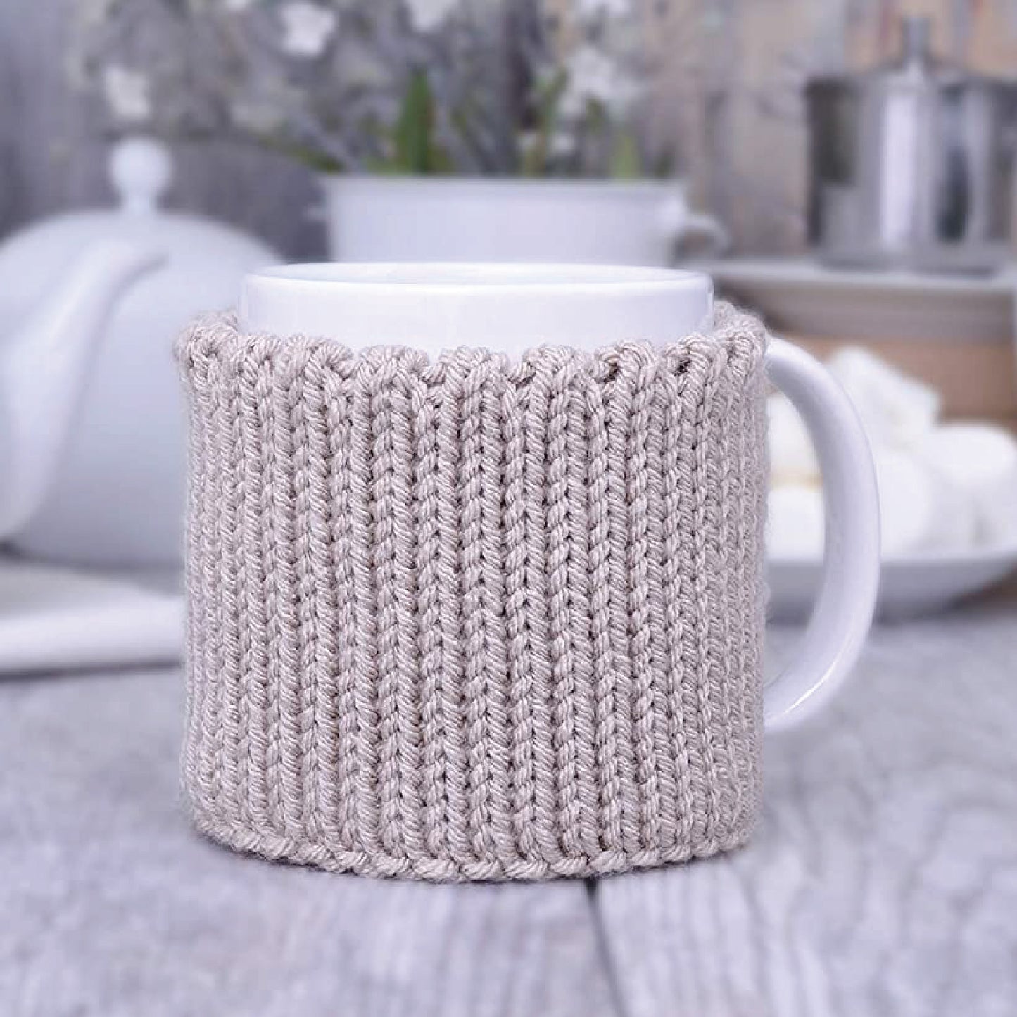 Linen knitted mug cozy