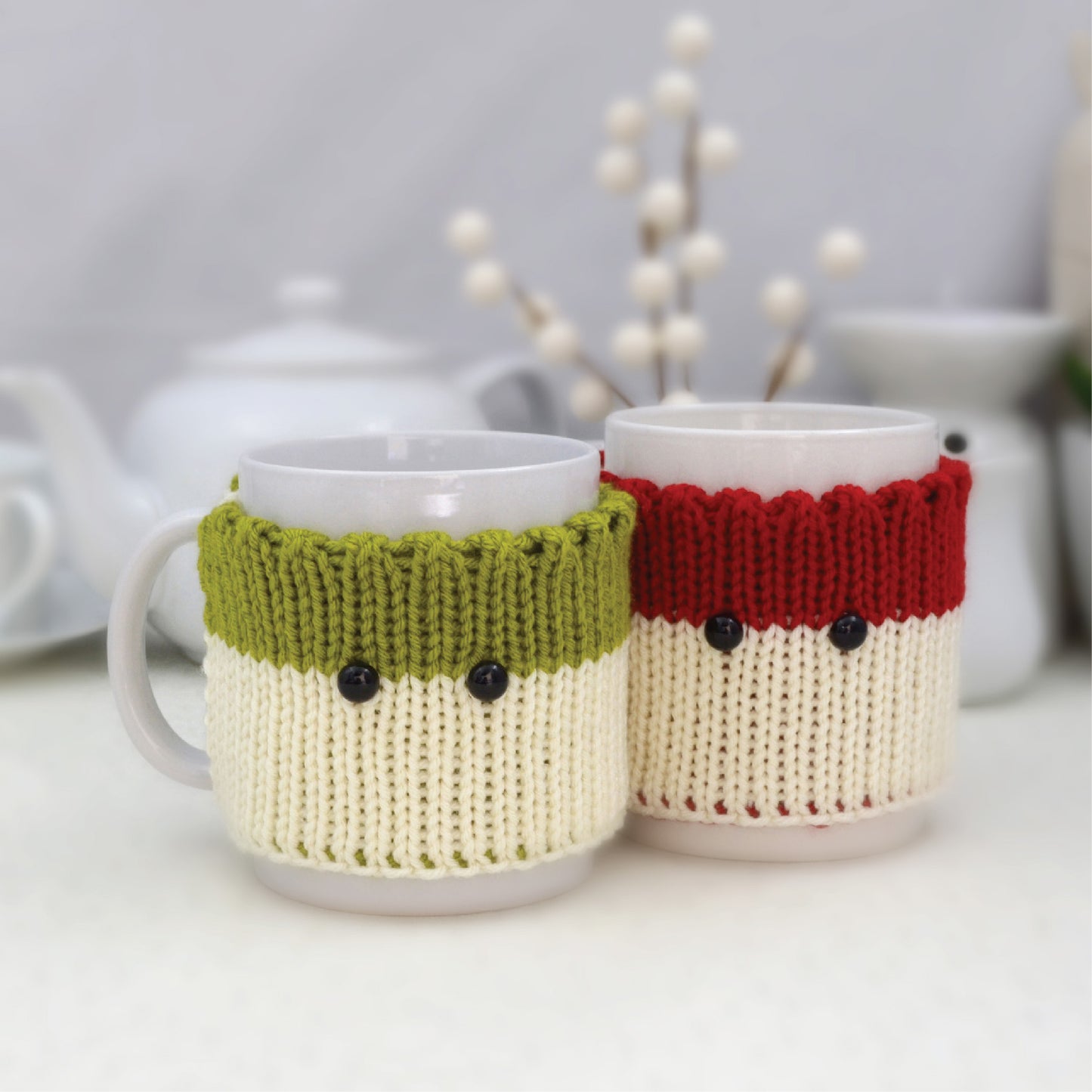 Knitted Mug Cozies with black eyes, Set of 2. Christmas gift.