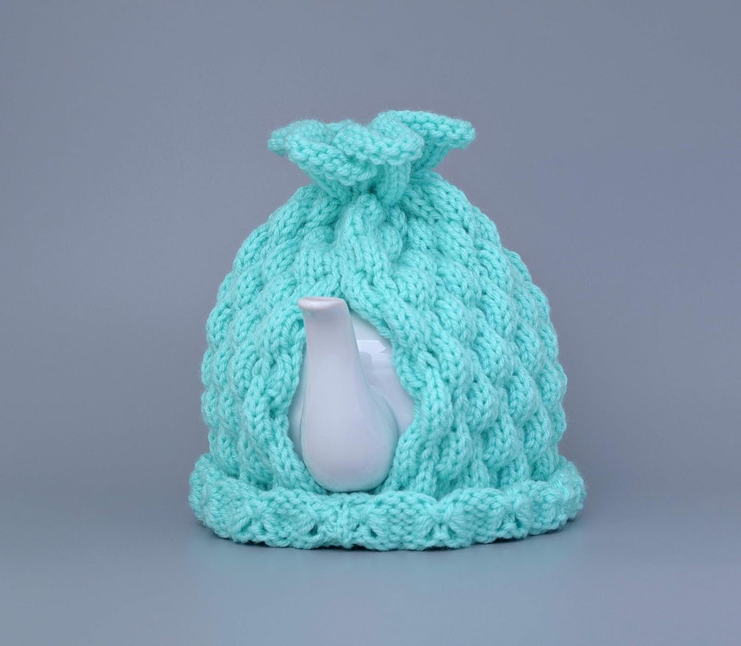 Aqua knitted teapot cozy