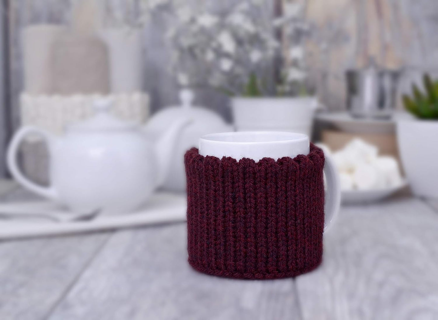 Dark Burgundy knitted mug cozy