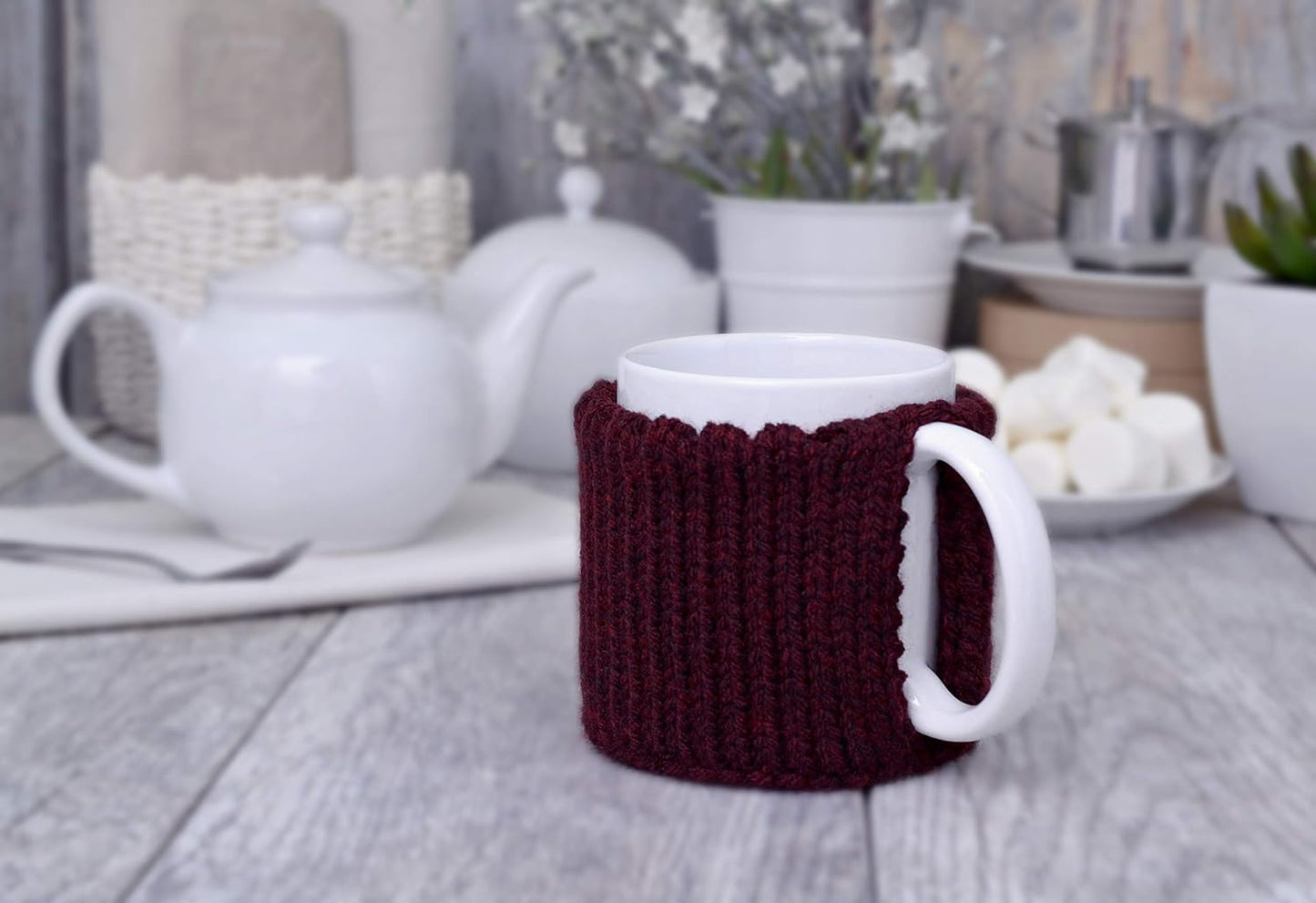 Dark Burgundy knitted mug cozy