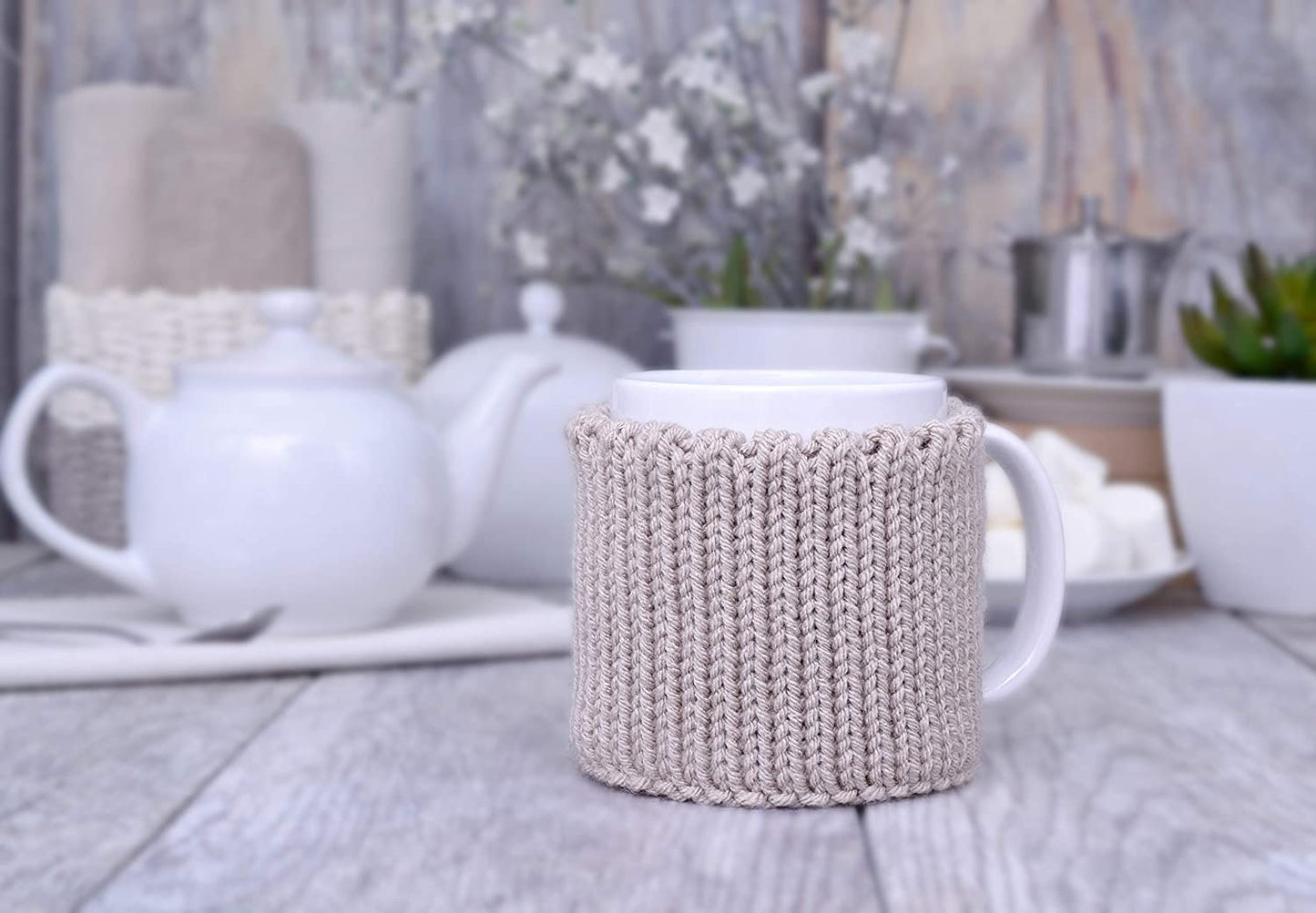 Linen knitted mug cozy